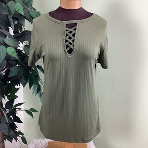 RUE 21+ 1X olive short sleeve ribbed top with cross cross front